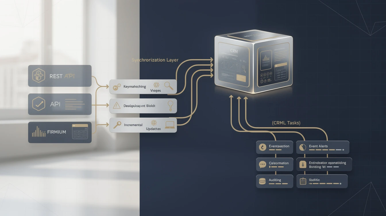 schéma en blocs montrant un CRM au centre, une couche de synchronisation (ETL) avec étapes “Rapprochement clé SIREN/SIRET”, “Déduplication”, “Mise à j...