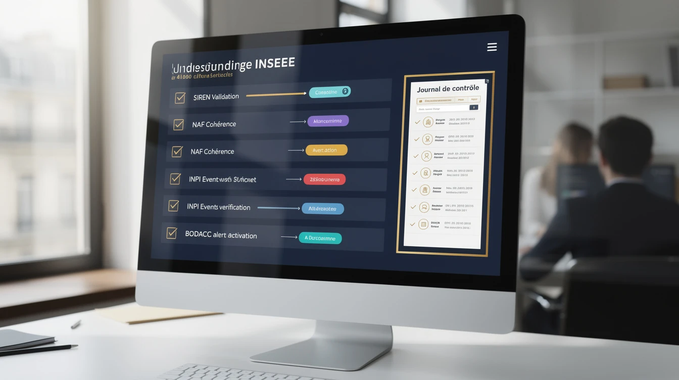 capture conceptuelle d’un “workflow” sur écran avec des cases à cocher “SIREN OK”, “NAF cohérente”, “INPI événement vérifié”, “BODACC alerte activée”....