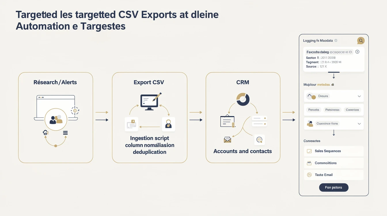 schéma d’architecture en 4 blocs avec des flèches: Firmium (recherche/alertes) → export CSV → script d’ingestion (normalisation colonnes + déduplicati...