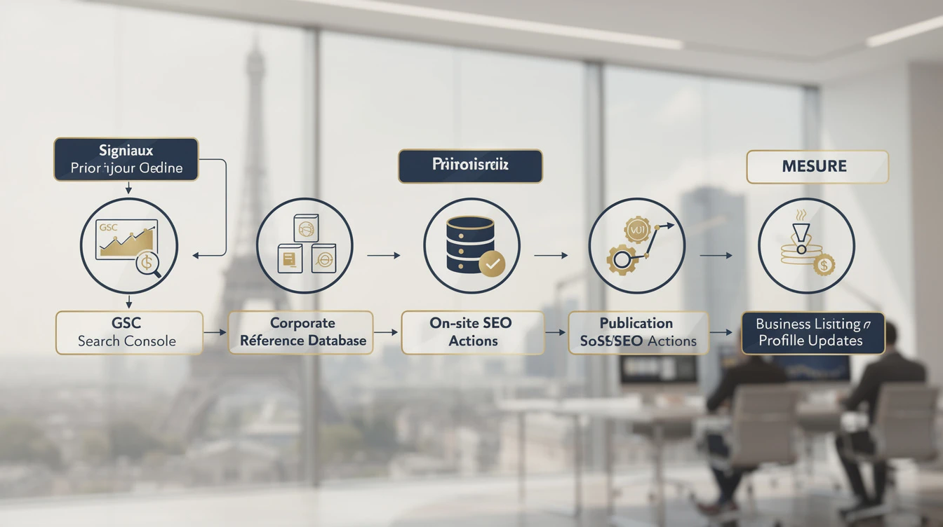 schéma de flux “Signaux -> Priorisation -> Production -> Publication -> Mesure”, avec des boîtes distinctes pour GSC, référentiel entreprises, et acti...