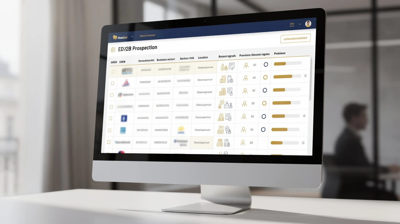 capture d’écran stylisée d’un tableau de bord de prospection B2B affichant une liste d’entreprises filtrées, avec colonnes SIREN, secteur, localisatio...