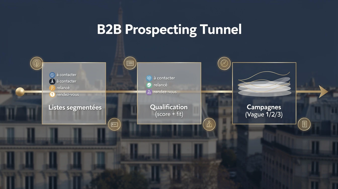 schéma en trois blocs représentant un tunnel de prospection B2B: “Listes segmentées” → “Qualification (score + fit)” → “Campagnes (Vague 1/2/3)”, avec...