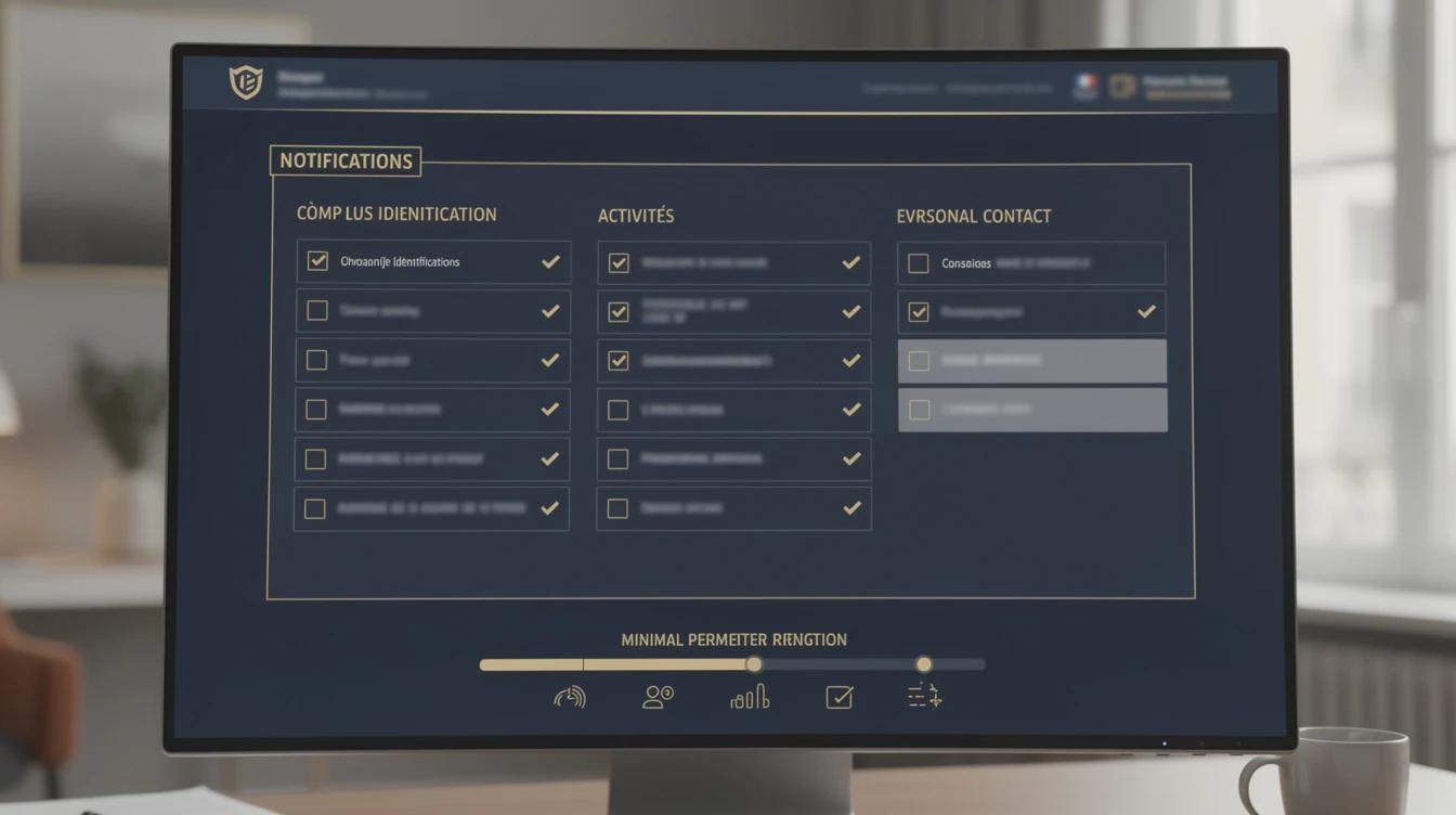 capture stylisée d’un panneau de configuration d’alertes (sans marque), avec des cases à cocher par catégorie de champs: “identification entreprise”,...