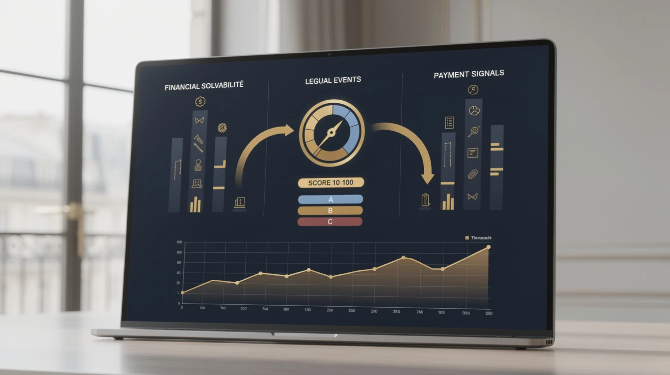 un tableau de bord B2B en arrière-plan montrant trois colonnes (données financières, événements légaux, signaux de paiement) reliées par des flèches v...
