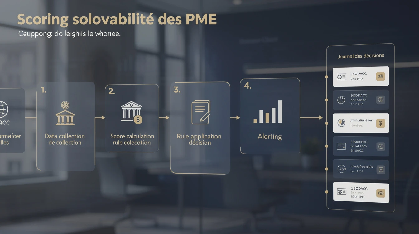 schéma de workflow type “dossier client” avec étapes numérotées (collecte données -> calcul score -> application règles -> décision -> journalisation...