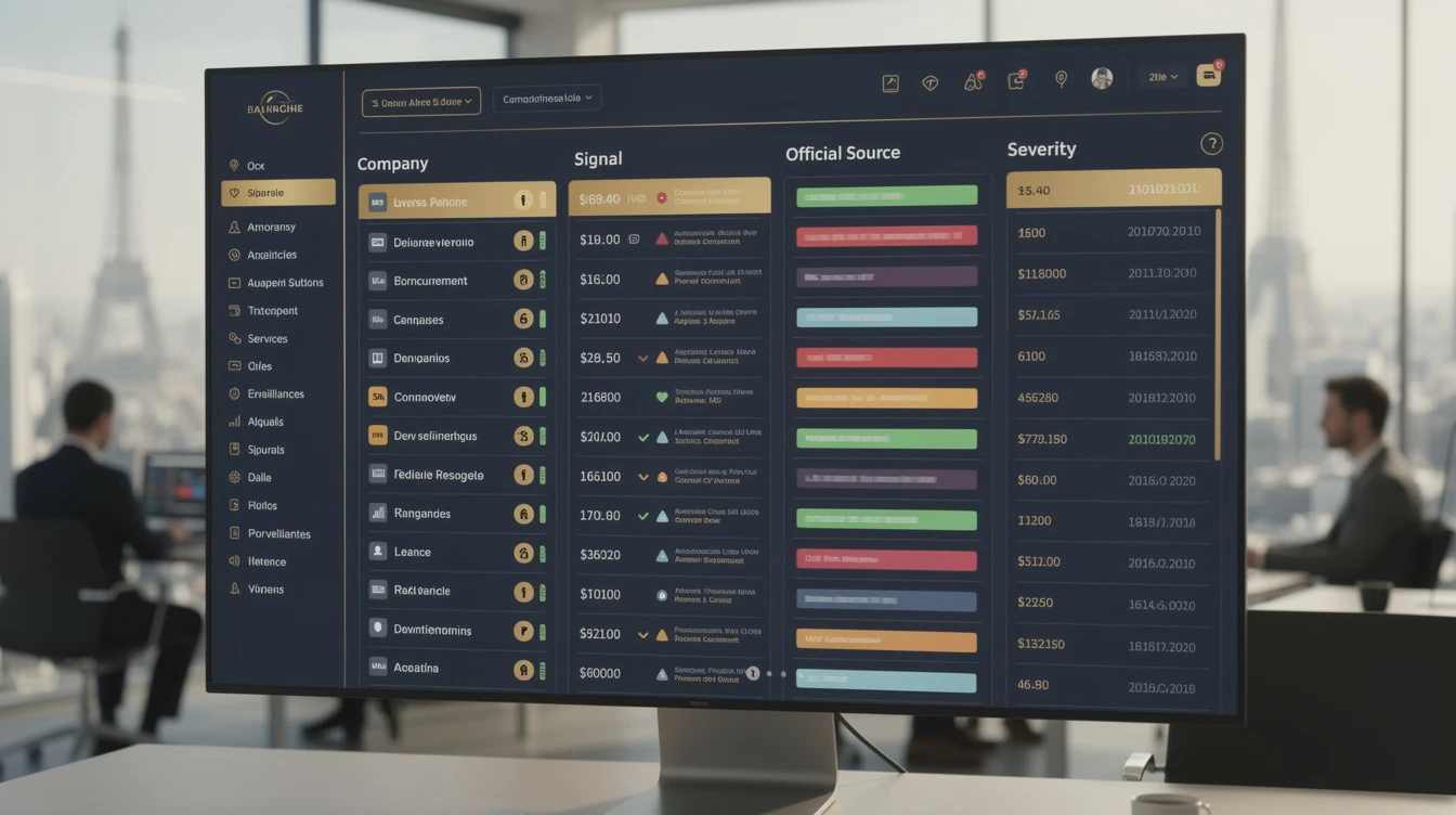 vue d’un tableau de bord de surveillance entreprise avec colonnes “Entreprise”, “Signal”, “Source officielle”, “Gravité”, “Date”, et un flux d’alertes...