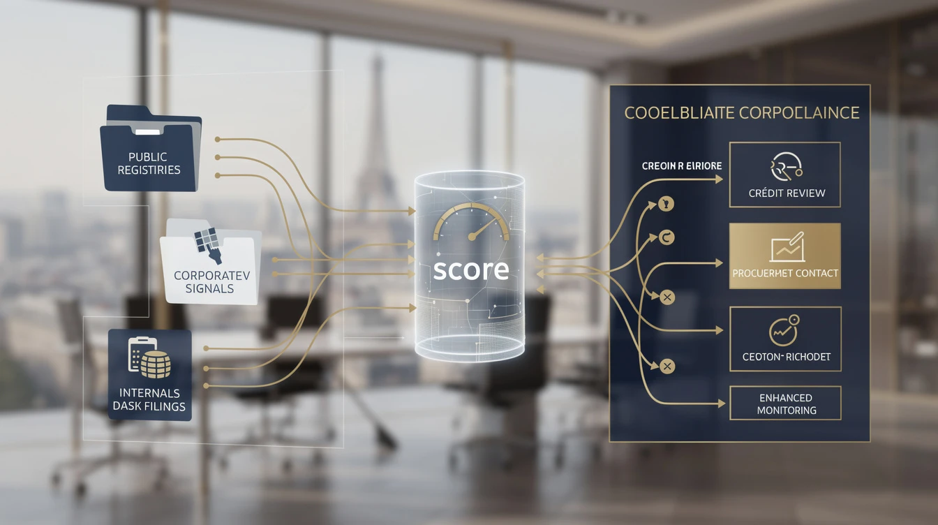 schéma en couches montrant un “scoring” de surveillance entreprise: signaux officiels (INSEE, BODACC, INPI, Infogreffe) et signaux internes alimentent...